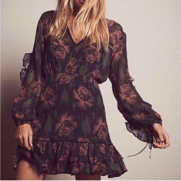STEVIE MAY Black Floral Long Sleeve Bohemian Ruffle Mini Dress - Picture 3 of 12